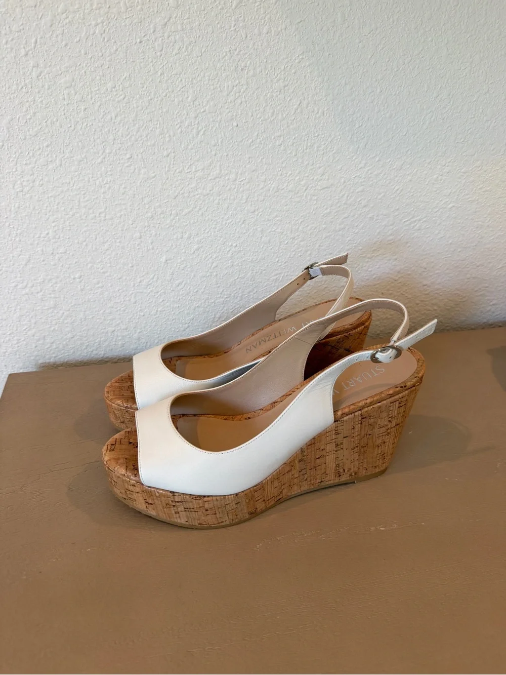 Stuart Weitzman White Cork Wedge Slingback Sandals - Picture 3 of 5